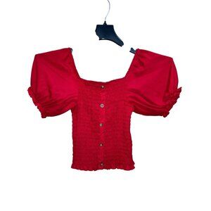 Y2K Cottagecore No Boundaries Red Puff Sleeve Smocked Crip Top Womens M